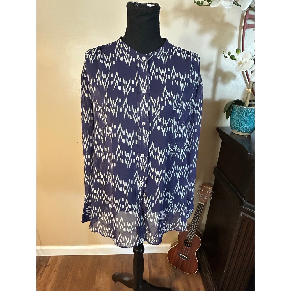 Zara Womens XL Navy Blue White Geometric Ikat Print Button Up Blouse Top